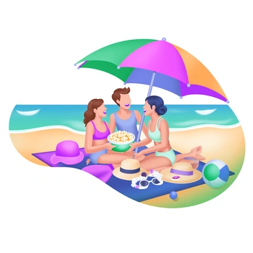 A group on the beach sharing snacks under a large umbrella