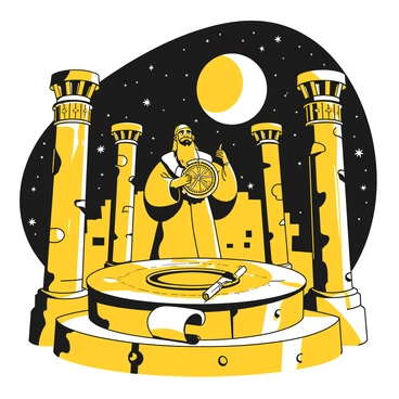 A man with a long beard and robes stands at a stone observatory, intently examining an astrolabe in his hands. The observatory features tall stone pillars and a circular base, surrounded by ancient carvings. The night sky above is filled with numerous stars, some forming distinct constellations. A large crescent moon hangs in the sky, casting a gentle glow on the scholar's focused expression. He has a scroll and a quill lying on a stone surface beside him, indicating his work on celestial observations.