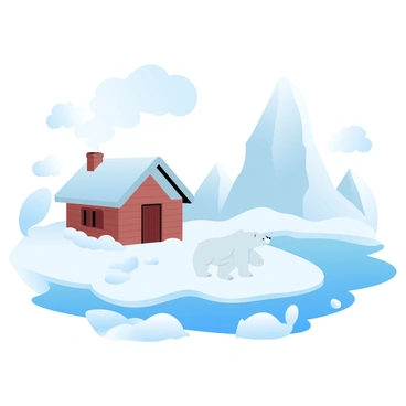 A snowy island landscape is depicted with large, jagged icebergs floating in the water surrounding the shore. A cozy wooden cabin, adorned with smoke billowing from a chimney, is positioned on the beach, partially covered in snow. Nearby, a polar bear is seen walking along the icy terrain, its white fur blending with the snowy environment. The backdrop features a cloudy sky, and the ground is blanketed in a thick layer of white snow.