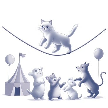 A ragdoll cat is gracefully balancing on a tightrope. The cat's fur is fluffy, and its posture is confident as it walks along the narrow line. Below the tightrope, a variety of animals are gathered, with some standing on their hind legs and others clapping their paws or hooves. The scene captures the excitement of the circus atmosphere, with animals displaying enthusiastic expressions. The background includes elements suggesting a vibrant circus environment, including tents and balloons, enhancing the lively mood of the performance.