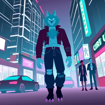 A wolfman with thick, shaggy fur and sharp, elongated claws is strolling down a modern city street at night. His glowing yellow eyes reflect the ambient light from neon signs and street lamps. He wears a tattered leather jacket over a muscular build, showcasing his powerful physique. The city is bustling with activity, featuring sleek glass buildings and illuminated storefronts. A light mist hangs in the air, adding an atmosphere of mystery. In the background, cars drive by, and pedestrians glance at him in a mix of fear and curiosity.