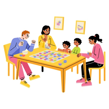 A vibrant scene of a family gathered around a rectangular wooden table. The table is covered with a colorful board game, featuring various game pieces scattered across the surface. The family consists of four members: a father with short brown hair and glasses, a mother with long black hair, a young boy with curly hair, and a teenage girl with a ponytail. They are all smiling and engaged in the game. The room has warm lighting, and there are family photos hanging on the walls, adding to the cozy atmosphere. A bowl of popcorn sits on the table, and a couple of drinks are placed on the edges.