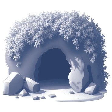 The entrance of a cave is partially obscured by overgrown dark foliage. Large, jagged rocks frame the opening, creating a natural archway. The foliage consists of dense leaves and vines that drape down, adding a sense of mystery to the scene. The ground in front of the cave is uneven with scattered stones, and the atmosphere feels damp and cool. Sunlight barely penetrates the dense canopy above, casting deep shadows around the cave entrance.