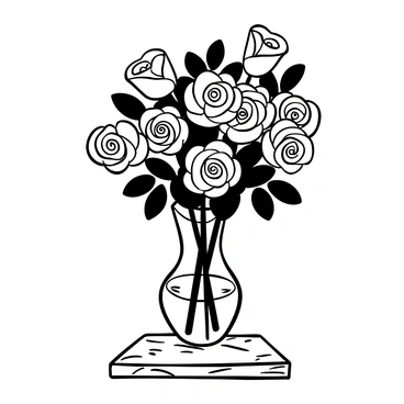 A classic glass vase positioned at the center of a wooden table, filled to the brim with a bouquet of roses. The bouquet includes a mix of roses, some with distinct petals outlined in black to represent the red flowers, and others having a more delicate design to indicate the white flowers. The glass of the vase is intricately detailed, showcasing reflections and shadows. The wooden table features visible grain patterns, enhancing the natural texture of the scene.