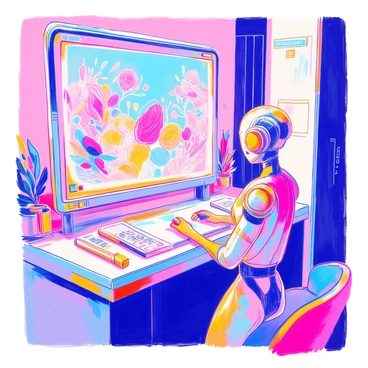 A futuristic AI system is positioned in a sleek, high-tech environment. The system features a sophisticated interface with glowing controls and holographic projectors. It is actively drawing intricate illustrations on a transparent digital screen that displays vibrant, detailed images. The illustrations include various abstract designs and complex geometric shapes. Bright colors emanate from the screen, illuminating the surrounding area. The AI system has a sleek, metallic design and is equipped with various sensors and lights. The room is minimally decorated, focusing on the advanced technology.