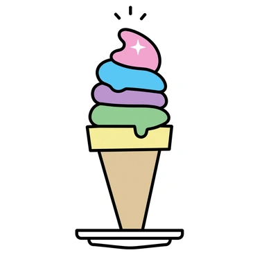 An ice cream cone, featuring a cone shape made from a light brown texture. The scoop on top is composed of multiple layers of colorful iced gemstones, including vibrant shades of red, blue, green, yellow, and purple, arranged in a stacked manner. Each gemstone layer has a shiny, reflective surface that catches the light, creating a sparkling effect. The cone sits on a simple white plate, with no additional decorations around it.