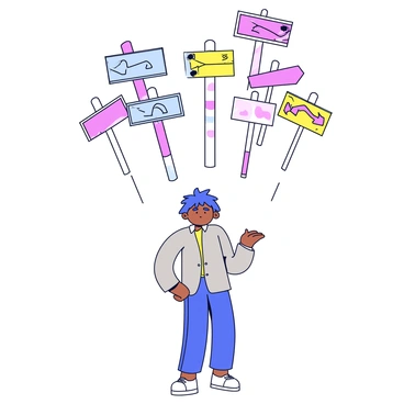 A collection of colorful signposts floating in mid-air, each pointing in different directions. The signposts are marked with various symbols and arrows. Below the signposts stands a confused person, looking up towards the signs with a puzzled expression. The person has a neutral outfit and messy hair, adding to the sense of confusion. The scene captures a whimsical atmosphere with the signposts vividly displayed against a simple background.