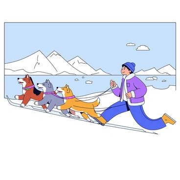 An explorer dressed in a heavy, fur-lined parka is leading a team of four sled dogs through a snowy Arctic landscape. The dogs, with thick fur and varying colors, are harnessed and pulling a traditional wooden sled. The ground is covered in pristine white snow, with snowdrifts forming gentle hills in the background. In the distance, towering glaciers rise against a clear blue sky, and a few scattered icebergs float in the icy sea. The explorer is holding onto the sled, looking confidently ahead as the dogs run energetically.