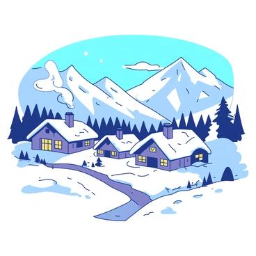 A white snow village features cozy cottages with smoke curling from chimneys, nestled among snowdrifts. The cottages have warm yellow lights glowing from their windows, inviting and cheerful against the white landscape. In the background, majestic snow-covered mountains rise dramatically, their peaks glistening under the sun. A clear blue sky overhead contrasts beautifully with the white village and mountains, enhancing the peaceful atmosphere of the scene.