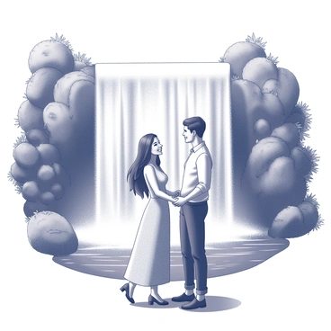A couple standing together in front of a waterfall. The woman has long flowing hair and is wearing a dress, while the man is dressed in a casual shirt and pants. They are smiling at each other, with their hands clasped together. The waterfall cascades down a rocky surface, with water splashing into a pool below. Lush greenery surrounds the scene, adding to the natural beauty of the setting. The overall atmosphere conveys a sense of joy and intimacy as they celebrate their anniversary.