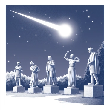 A row of statues stands in a garden, illuminated by the light of a mystical comet streaking across the night sky. Each statue is intricately carved, depicting various figures such as a knight, a graceful dancer, and a wise philosopher. As the comet's glow touches them, subtle movements begin to occur; the knight raises his sword slightly, the dancer's arm lifts gracefully, and the philosopher tilts his head as if pondering. Surrounding the statues, the garden is filled with dense foliage, and the ground is covered with patches of soft grass, enhancing the otherworldly atmosphere. The night sky is dotted with stars, providing a contrast to the brilliant light of the comet.