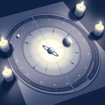 A detailed chart displaying the alignment of stars and planets. The chart is filled with intricate lines and symbols representing celestial bodies. The chart is illuminated by flickering candlelight, casting soft shadows and creating a warm ambiance. The background is dark, enhancing the visibility of the stars and planets illustrated on the chart.