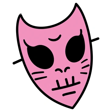A close-up view of a red mask, featuring sharp angles and intricate carvings. The mask has elongated eyes that create a menacing expression, with deep shadows accentuating its features. Its surface shows texture, with grooves and patterns that add to its eerie look. The background is simple to highlight the mask's vivid color and detailed craftsmanship.