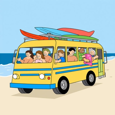 A colorful bus filled with beachgoers, each with a sun-kissed appearance, is driving towards the shoreline. The bus has bright yellow and blue stripes along its sides, and the windows show smiling faces of people excited for their beach day. Surfboards of various colors, including a red one, a blue one, and a green one, are secured to the roof of the bus. Some beachgoers are holding colorful towels in their hands, with patterns of palm trees and waves. In the background, the shoreline is visible with soft white sand and gentle waves lapping at the shore under a bright blue sky.