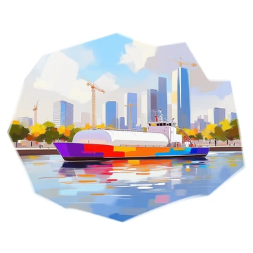A tank barge is navigating through a wide river, positioned near a modern city skyline. The barge is painted in vibrant colors, with large tanks visible on its deck. The city skyline features tall, sleek skyscrapers with glass facades reflecting the sunlight. In the background, a few cranes are visible, indicating ongoing construction. The river's surface is rippling gently, with a few scattered reflections of the buildings. The banks of the river are lined with greenery and walkways, where a few people can be seen leisurely strolling.