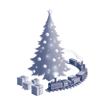 A miniature train moving along a circular track at the base of a Christmas tree. The train consists of several cars, each with distinctive designs, and it emits small puffs of smoke as it progresses. The tree is adorned with delicate ornaments, twinkling lights, and a star on top. Presents of various shapes and sizes are scattered around the base, some partially wrapped. The scene captures the joyful atmosphere of a festive holiday setting.