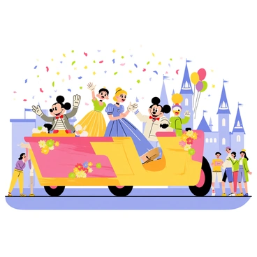 A vibrant Disneyland parade featuring a variety of characters such as a cheerful Mickey Mouse, a graceful Cinderella, and a playful Donald Duck, all waving enthusiastically to the crowd. The float they are on is adorned with bright flowers and balloons in multiple colors. Colorful confetti is falling from above, creating a festive atmosphere. The background shows excited children and families enjoying the event, with buildings and attractions of Disneyland in the distance.