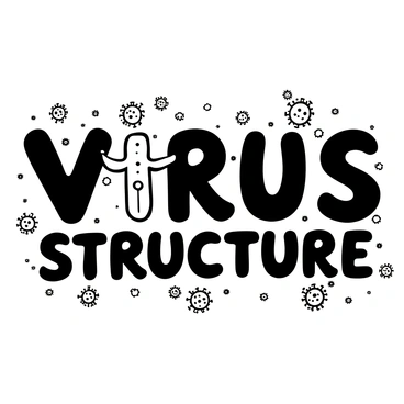 The phrase "VIRUS STRUCTURE" formed by letters that each resemble a virus structure. Each letter is intricately designed with spikes and protrusions, mimicking the appearance of viral shapes. The letters have varying dimensions, adding depth and texture. The background is filled with a pattern of smaller virus representations, enhancing the overall theme of the phrase.