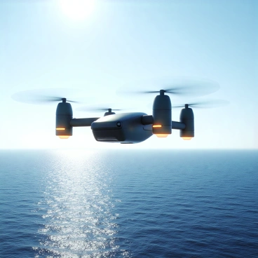 A fleet of large drones with sleek, metallic bodies flying in a precise formation across a vast ocean. The drones are black with bright LED lights along their wings, reflecting the sunlight as they soar through the clear blue sky. Below them, the ocean stretches far and wide, its surface glistening with sunlight, creating a shimmering effect. The water is a deep blue, with gentle waves visible in the distance. The scene captures the contrast between the high-tech drones and the natural beauty of the ocean below.