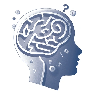 An intricate maze is depicted inside a silhouette of a human head. The maze features multiple pathways, twists, and turns, creating a captivating labyrinthine structure that represents the complexity of thought. Various symbols and icons are scattered throughout the maze, representing memories and ideas, such as gears, light bulbs, and question marks. The outline of the head is defined, highlighting the intricate details of the maze, with the pathways leading deeper into the mental space.