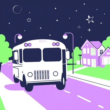 A white school bus is driving through a small town at night. The bus has large windows and bright headlights, cutting through the darkness. Streetlights line the road, casting a soft glow that highlights the pavement and nearby buildings. The town features a mix of houses and small shops, each with distinct architectural details. A few trees are visible on the sides of the road, and the sky is filled with stars, creating a tranquil nighttime atmosphere.