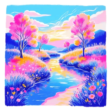 A landscape showcases a vibrant scene filled with "glowing trees" that emit a soft, luminous light. The sky is painted in rich shades of blue and gold, suggesting a sunrise or sunset, with wispy clouds scattered across it. In the foreground, a gently flowing river reflects the colors of the sky, while the banks are adorned with various blooming flowers. The grass is lush and green, and a clear path winds through the scenery, inviting exploration. The overall composition is tranquil, with a harmonious balance of natural elements.