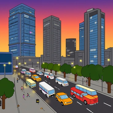 A vibrant cityscape at dusk, featuring tall skyscrapers with a mix of glass and concrete facades. The sky is a blend of deep oranges and purples, signaling the transition from day to night. In the foreground, busy streets are filled with various vehicles, including cars and buses, contributing to the lively atmosphere. Streetlights are glowing warmly, illuminating the sidewalks where pedestrians are walking. The scene includes a few trees along the street, their silhouettes contrasting against the colorful sky. The buildings in the background are adorned with colorful billboards, adding to the bustling feel of the city.