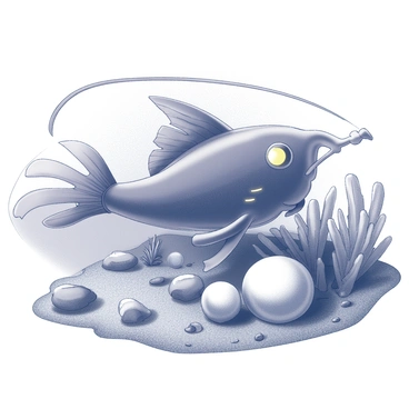 A deep-sea anglerfish with a bioluminescent lure is positioned near the ocean floor. Its elongated body is adorned with jagged fins and sharp teeth, highlighting its predatory nature. Surrounding the anglerfish is a cluster of shiny pearls, nestled in the sand and surrounded by small rocks and seaweed. The delicate round shapes of the pearls contrast with the jagged features of the anglerfish. Soft light emanates from the lure, illuminating the nearby pearls, creating a striking focal point in the dark underwater landscape.