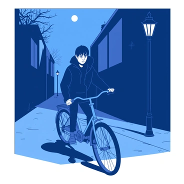 A person wearing a dark jacket is riding a blue bicycle down a narrow street at night. The street is illuminated by soft, warm light from vintage street lamps casting long shadows. The person has a worried expression, glancing nervously over their shoulder. The background shows silent buildings with closed windows and a few scattered trees casting silhouettes. The moon is partially visible, adding to the night atmosphere.