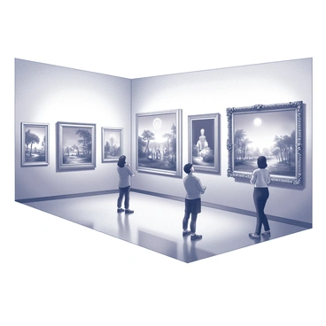 An interior view of an art gallery. The walls are adorned with various classical paintings, each contained within ornate frames. The paintings depict historical scenes, landscapes, and portraits. The floor is polished and reflective, enhancing the elegance of the space. Soft lighting illuminates the artwork, casting gentle shadows and highlighting the details of the frames and paintings. Visitors can be seen admiring the pieces, creating a sense of interaction within the gallery.
