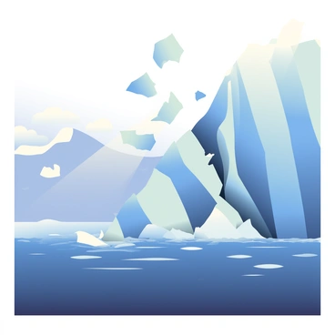A massive glacier is shown cracking and breaking apart at its edge, sending large chunks of ice splintering into the sea. The glacier's surface is a bright blue with streaks of white, and the ice shards are fragmenting off, creating a shower of icy splinters. The ocean beneath is a deep navy color, with ripples and waves forming around the falling ice. In the background, the horizon blends into a cloudy sky, with hints of sunlight breaking through the clouds, illuminating the scene.