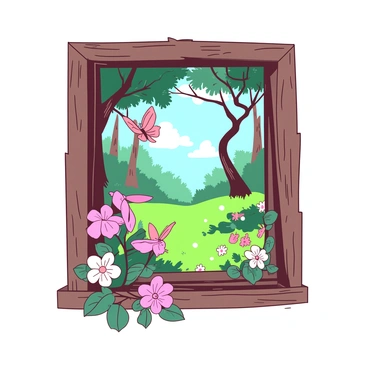 An old, wooden window frame is positioned at the center of the image, showcasing a view of a whimsical, enchanted forest. Through the window, vibrant trees with twisting branches and oversized, colorful flowers fill the scene. Soft rays of light filter through the leaves, illuminating patches of bright green grass below. Small mystical creatures, such as fairies with delicate wings and brightly colored butterflies, flit about in the air, adding a sense of magic to the setting. The framing of the window creates a cozy, inviting atmosphere, as if inviting the viewer to step inside this enchanting realm.