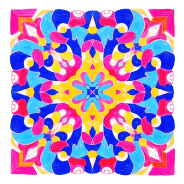 A close-up view of a kaleidoscope-inspired pattern fills the entire image. The pattern showcases a series of symmetrical shapes, including stars and swirling lines, all arranged in a vivid color palette consisting of bright blues, fiery reds, and vibrant yellows. Each section of the design blends into the next, creating a hypnotic visual effect. The intricate details of the pattern are highlighted, enhancing the overall complexity and beauty of the composition.