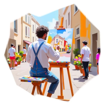 A street artist with medium skin and curly hair is painting passionately at an easel in an open square in Bordeaux. The artist is wearing a casual white shirt and denim overalls, with paint splatters on both. The easel holds a canvas that features a colorful landscape of Bordeaux architecture, capturing the essence of the city. Surrounding the artist are charming cobblestone paths, historic buildings with intricate facades, and a few curious onlookers admiring the work. Lush greenery and flower pots add vibrancy to the scene, creating a lively atmosphere in the square.
