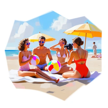 A group of friends enjoying a day at the beach, each wearing 1950s-inspired swimsuits and stylish sunglasses. The first friend, a woman with curly hair and a polka dot bikini, is laughing while holding a colorful beach ball. Next to her, a man with slicked-back hair and striped swim trunks is applying sunscreen to his arms. Another woman, donning a one-piece red swimsuit with a halter neck, is taking candid photos with a vintage camera. In the background, a sandy beach extends into the ocean, and bright umbrellas provide shade. The sun is shining brightly, casting playful shadows on the sand.