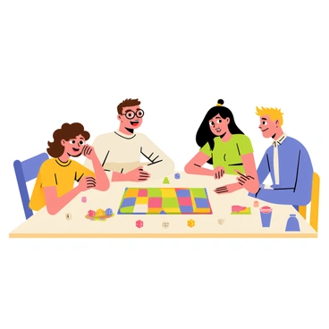 A group of four friends gathered around a rectangular wooden table, engaged in a board game. They each have expressions of excitement and concentration on their faces. The friends include a young woman with curly brown hair, a man with glasses and a short beard, another woman with straight black hair tied in a ponytail, and a man with spiky blonde hair. The table is covered with a colorful game board, various game pieces, and dice scattered around. In the background, there are snacks and drinks, enhancing the playful atmosphere of the gathering.