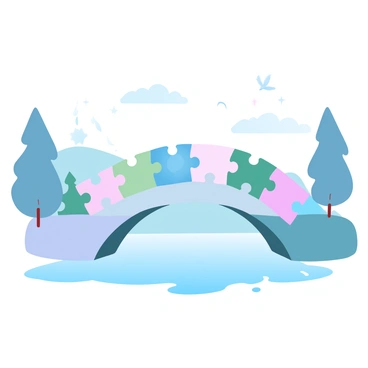 A bridge made entirely of colorful puzzle pieces spans across a gentle stream. Each puzzle piece has a unique pattern and color, intertwined in a way that shows the connection between them. The bridge is arching gracefully, creating a pathway from one side of the stream to the other. Below the bridge, the water flows smoothly, reflecting the vibrant colors of the puzzle pieces. In the background, there are trees and hills, adding depth to the scene. A few birds can be seen flying overhead, contributing to the lively atmosphere.