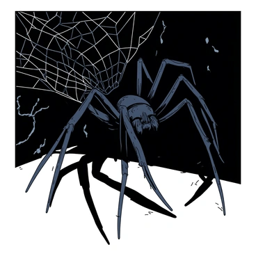 A large spider with a glossy black body and numerous long, spindly legs is curled up in a corner of her dark lair. The lair is filled with intricately woven webs that glisten in dim light. Shadows loom over the edges, creating an atmosphere of mystery. Shelob's eyes are slightly open, reflecting a faint glint, and the texture of her legs appears slightly coarse against the smoothness of the surrounding cobwebs. In the background, there are hints of rocky surfaces and small crevices, enhancing the secluded nature of her dwelling.