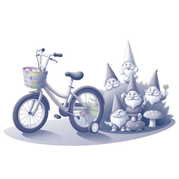 A small child's bike with a bright design parked on a grassy patch. The bike has training wheels and a colorful basket attached to the front. Next to the bike, there is a garden filled with numerous gnomes. Each gnome has a unique expression and pose, with one holding a small flower, another sitting on a toadstool, and a third peeking out from behind a bush. The garden is lush, with various plants and flowers surrounding the playful gnomes, creating a lively and whimsical atmosphere.