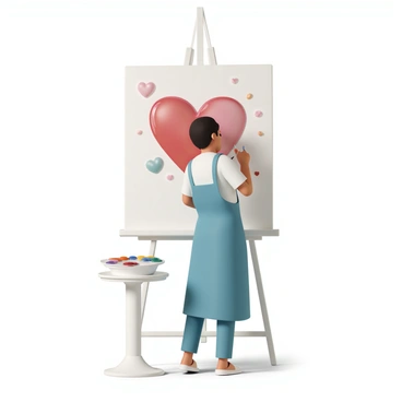An artist, wearing a blue apron and a white shirt, stands in front of a large easel. The artist holds a paintbrush in one hand and is applying vibrant red paint to a canvas. The canvas features a large "heart-shaped balloon" in the center, painted in shades of red and pink, with a shiny surface that reflects light. Surrounding the balloon are playful swirls of color, adding depth to the scene. The artist's palette, filled with various colors of paint, rests on a small table beside them. A soft, natural light illuminates the workspace, highlighting the artist's focused expression as they work on their piece.
