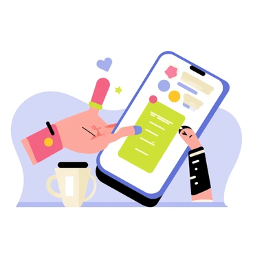 A smartphone displaying a vibrant mobile app interface with colorful icons and a user interacting with the screen. The user is a young adult with short hair, tapping on a bright green notification. The background features a soft gradient of blue and pink, adding depth to the scene. Nearby, a coffee cup sits on a table, hinting at a casual environment. The smartphone is held in the user's right hand, while their left hand gestures towards the app.