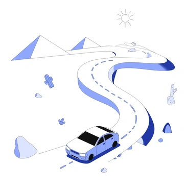 An adventurous road trip scene with a car driving through a vast desert