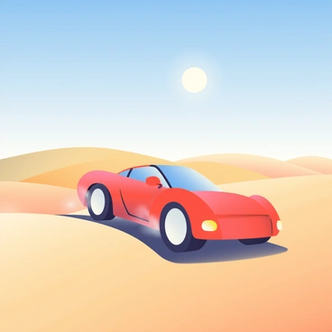 A 3D car with a sleek, aerodynamic design is speeding across a vast sandy desert. The car's body is a bright red, glistening in the sunlight, and its wheels are kicking up clouds of soft, golden sand behind it. In the background, endless dunes of sand rise and fall, their subtle curves and textures visible under the bright illumination. Above, a clear blue sky stretches out, with not a single cloud in sight, enhancing the feeling of openness and adventure. The sun is positioned high in the sky, casting sharp shadows from the car and the dunes.