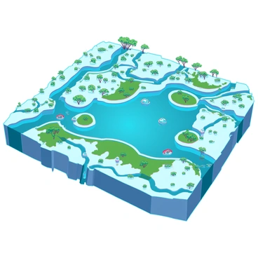 A detailed map showing multiple rivers flowing towards and merging into a central lake. The rivers are depicted with varied widths, some meandering and others more direct. Each river has distinct banks lined with trees and vegetation. The central lake is illustrated as a large, tranquil body of water, reflecting the surrounding landscape. Small islands can be seen within the lake, covered in lush greenery. The map includes contour lines indicating the elevation of the surrounding terrain, adding depth to the depiction. Additionally, various symbols represent different types of flora and fauna near the rivers and lake.