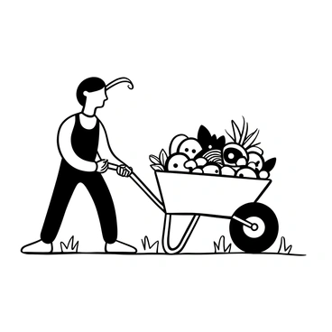 An ant pushing a small wheelbarrow filled with various types of food. The wheelbarrow is overflowing with items such as grains, fruits, and leaves. The ant is standing upright on its hind legs, using its front legs to grip the handle of the wheelbarrow. The background features a textured ground to emphasize the scene.