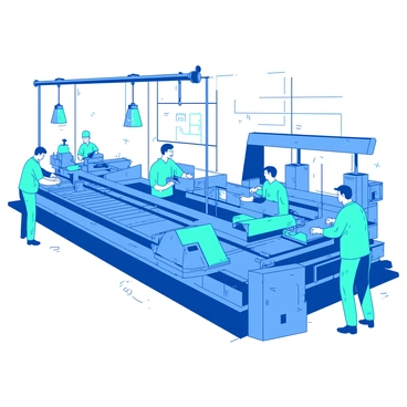 An assembly line in a factory with machines and workers illustrating production functions