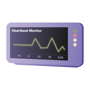 A digital flat illustration of a heartbeat monitor displaying a graphical representation of heartbeats. The monitor has a dark background with a green line that rises and falls in a rhythmic pattern, indicating the heart rate. Above the line, there is the text "Heartbeat Monitor" in bright white letters. Below the graph, there are small numeric values showing the beats per minute, colored in light blue. The monitor is framed in a sleek, modern design with rounded edges. There are small indicator lights on the side, showing green, yellow, and red statuses. The setting is minimalistic, emphasizing the heartbeat graphic in the center.