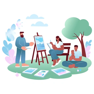 A group of three artists is painting together in an open-air park. One artist is standing at an easel, applying bright colors to a canvas that depicts a landscape. Another artist is seated on a bench, sketching in a notebook with a variety of colored pencils scattered around. The third artist is sitting cross-legged on the grass, mixing paints on a palette and looking thoughtfully at the scene around them. Lush trees and colorful flowers surround the artists, and a large, colorful butterfly flutters nearby. There are several finished paintings resting on the grass, showcasing a range of vibrant scenes from the park.