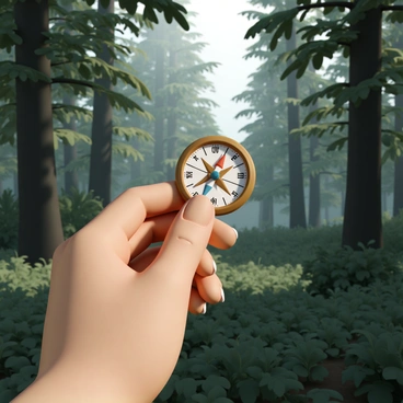 A hand, with fingers wrapped around a brass compass, is positioned prominently in the foreground. The compass needle is clearly visible, pointing towards a designated direction. In the background, a thick forest is depicted, with tall trees featuring rich green leaves and dense underbrush. Rays of sunlight filter through the branches, creating patches of light on the forest floor. The overall atmosphere conveys a sense of exploration and adventure.