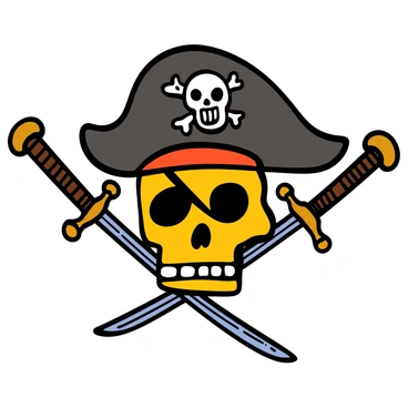 A pirate skull with a rugged texture, wearing a worn black tricorn hat adorned with a skull and crossbones emblem on the front. The skull has deep eye sockets and a mischievous grin, showcasing chipped teeth. Behind the skull are two crossed swords, their blades glinting with a metallic sheen, and the handles intricately designed with dark wood and brass accents. The composition creates a bold and adventurous atmosphere, emphasizing the pirate theme.
